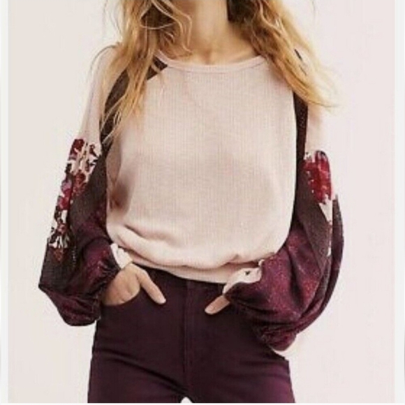 NWT New Free People Casual Clash Thermal Top With Contrasting Balloon Sleeves XS - Picture 2 of 8